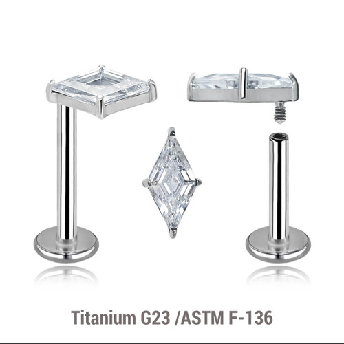 YLB12X02 Pack of 5 high polished titanium internally threaded labrets, Thickness 1.2mm, with 1 prong set Lozenge cut CZ stone
