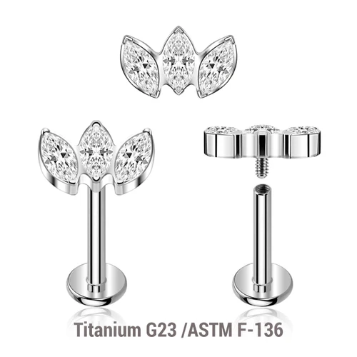 YLB12X03 Pack of 5 high polished titanium internally threaded labrets, Thickness 1.2mm, with a top with 3 marquis cut prong set CZ stones