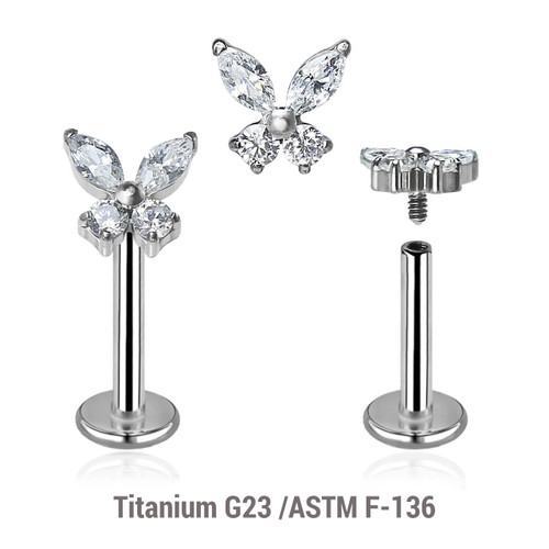 YLB12X04 Pack of 5 high polished titanium internally threaded labrets, Thickness 1.2mm, with butterfly-shaped top with prong set CZ stones