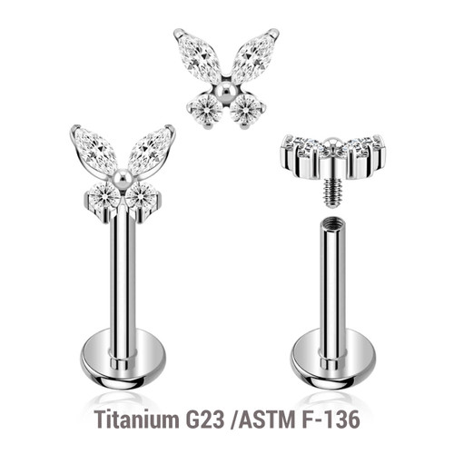 YLB12X04 Pack of 5 high polished titanium internally threaded labrets, Thickness 1.2mm, with butterfly-shaped top with prong set CZ stones