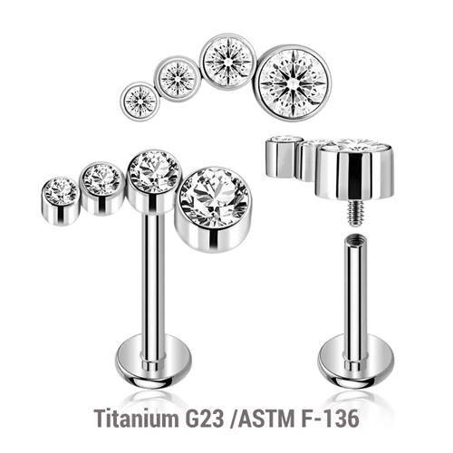 YLB12X05 Pack of 5 high polished titanium internally threaded labrets, Thickness 1.2mm, with elongated top with 4 bezel set CZ stones