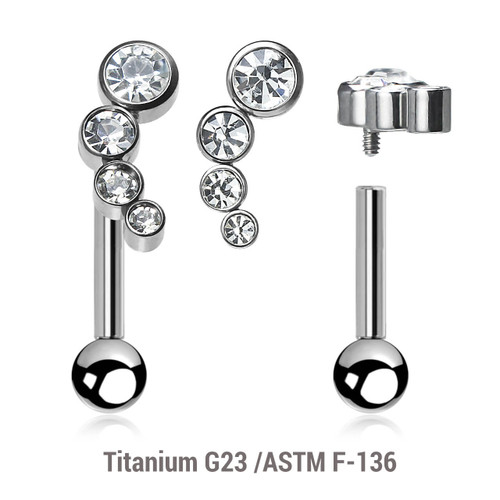 YBA12X05 Pack of 5 high polished titanium internally threaded tragus barbells, Thickness 1.2mm, with elongated top with 4 bezel set CZ stones and a lower 3mm plain ball YBA12X05 Pack of 5 high polished titanium internally threaded tragus barbells, Thickness 1.2mm, with elongated top with 4 bezel set CZ stones and a lower 3mm plain ball