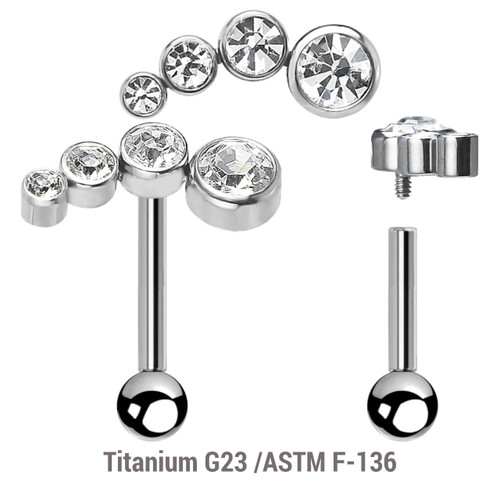 YBA12X05 Pack of 5 high polished titanium internally threaded tragus barbells, Thickness 1.2mm, with elongated top with 4 bezel set CZ stones and a lower 3mm plain ball