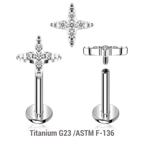 YLB12X06 Pack of 5 high polished titanium internally threaded labrets, Thickness 1.2mm, with cross-shaped top with prong set CZ stones