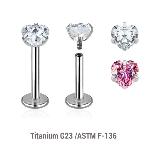 YLB12CZH Pack of 10 high polished titanium internally threaded labrets, Thickness 1.2mm, with a prong set heart shaped CZ stone