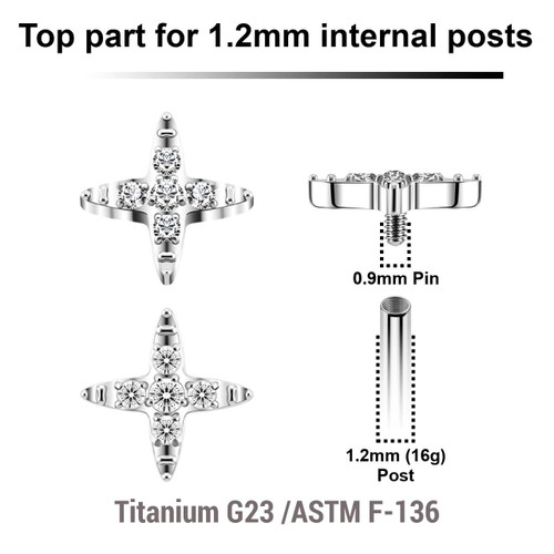 YTP12X06 Pack of 5 Titanium Internally threaded labret tops in cross shape with prong set CZ stones, Thread size 0.9mm