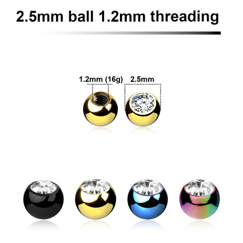 PYB12J25 Piercing studio supplies: Pack of 25 PVD plated 316L steel balls with a 2.5mm diameter and a bezel set crystal, 1.2mm threading PYB12J25 Piercing studio supplies: Pack of 25 PVD plated 316L steel balls with a 2.5mm diameter and a bezel set crystal, 1.2mm threading