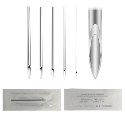 NSTBG Pack of 10 pcs. of single use tri beveled 316L steel piercing needles individually packed and EO gas sterilized NSTBG Pack of 10 pcs. of single use tri beveled 316L steel piercing needles individually packed and EO gas sterilized