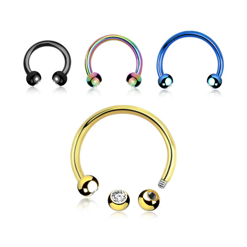 PCB12BJ3 Lot of 10 PVD plated 316L steel circular barbells, Thickness 1.2mm, with two 3mm bezel set crystal balls