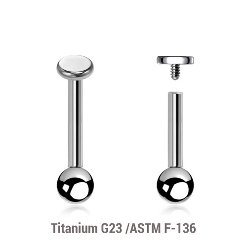 YBA12DI3 Pack of 5 high polished titanium internally threaded tragus barbells, Thickness 1.2mm, with 3mm flat round disk tops and a lower 3mm plain ball