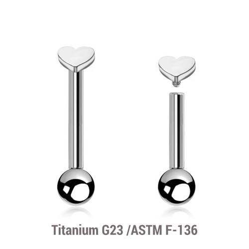 YBA12H Pack of 5 high polished titanium internally threaded tragus barbells, Thickness 1.2mm, with 3mm flat heart tops and a lower 3mm plain ball YBA12H Pack of 5 high polished titanium internally threaded tragus barbells, Thickness 1.2mm, with 3mm flat heart tops and a lower 3mm plain ball