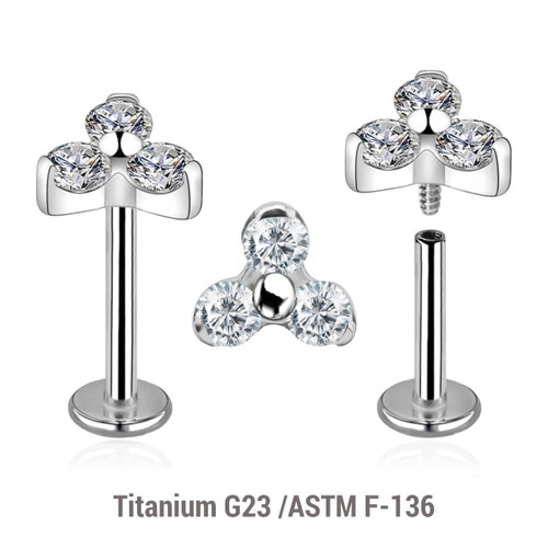 YLB12X07 Pack of 5 high polished titanium internally threaded labrets, Thickness 1.2mm, with a trinity top with three 2mm prong set CZ stones