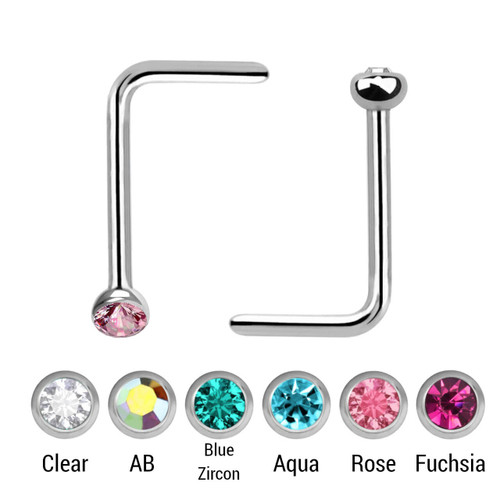 SNL08BJ2 Assortment of 25 surgical steel  L shape nose studs with 2mm ball shaped top with bezel set crystal, thickness 0.8mm SNL08BJ2 Assortment of 25 surgical steel  L shape nose studs with 2mm ball shaped top with bezel set crystal, thickness 0.8mm