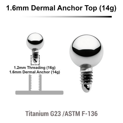 TDT14B3 Pack of 10 high polished Titanium G23 ball shaped dermal anchor tops in size 3mm, internal thread size 1.2mm