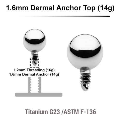 TDT14B4 Pack of 10 high polished Titanium G23 ball shaped dermal anchor tops in size 4mm, internal thread size 1.2mm