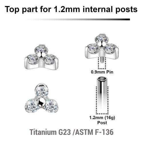 YTP12X07 Pack of 5 Titanium Internally threaded labret tops in trinity design with 3 round prong set 2mm CZ stones, Thread size 0.9mm YTP12X07 Pack of 5 Titanium Internally threaded labret tops in trinity design with 3 round prong set 2mm CZ stones, Thread size 0.9mm