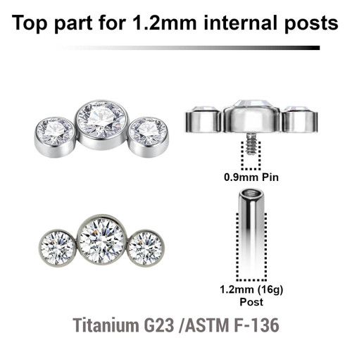 YTP12X08 Pack of 5 Titanium Internally threaded labret tops with a elongated top with 3 bezel set crystals, Thread size 0.9mm