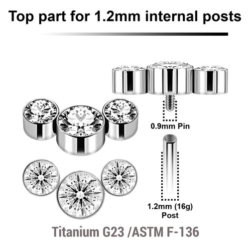 YTP12X08 Pack of 5 Titanium Internally threaded labret tops with a elongated top with 3 bezel set crystals, Thread size 0.9mm