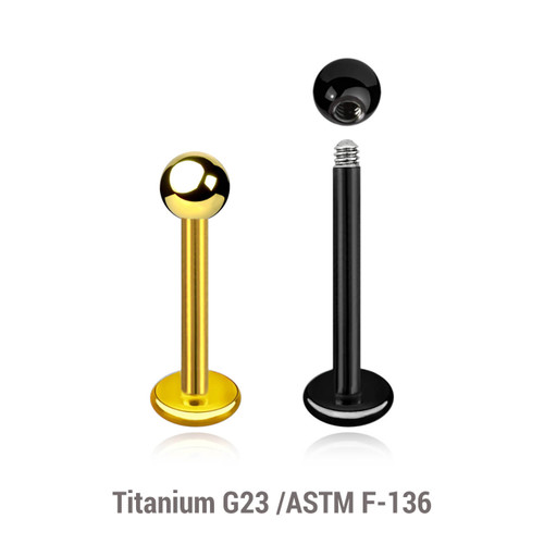 ELB12B3 Pack of 10 PVD plated titanium G23 labrets, Thickness 1.2mm, Ball size 3mm