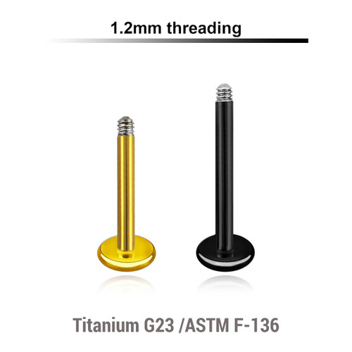 EYLB12N Pack of 10 Labret posts in PVD plated Titanium G23 with external threading, thickness 1.2mm