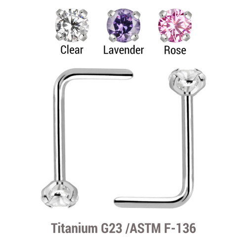 TNL08CZ2 Wholesale Nose Jewelry Pack of 10 Titanium G23 L shape nose studs with 2mm prong set CZ stone, thickness 0.8mm TNL08CZ2 Wholesale Nose Jewelry Pack of 10 Titanium G23 L shape nose studs with 2mm prong set CZ stone, thickness 0.8mm