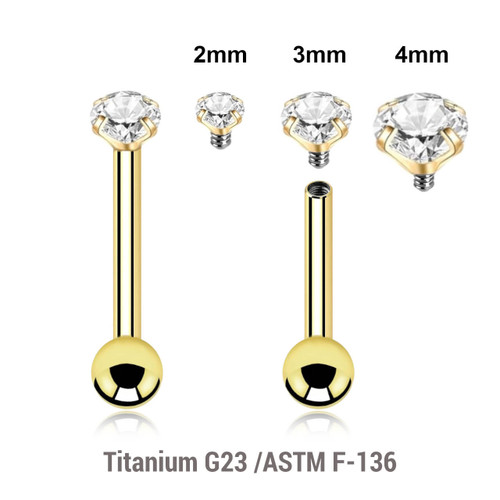 UBA12CZS Pack of 5 Gold PVD plated titanium internally threaded barbells, Thickness 1.2mm, with a top prong set CZ stone and a lower 3mm plain ball UBA12CZS Pack of 5 Gold PVD plated titanium internally threaded barbells, Thickness 1.2mm, with a top prong set CZ stone and a lower 3mm plain ball