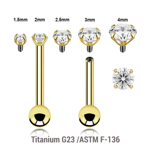 UBA12CZS Pack of 5 Gold PVD plated titanium internally threaded barbells, Thickness 1.2mm, with a top prong set CZ stone and a lower 3mm plain ball