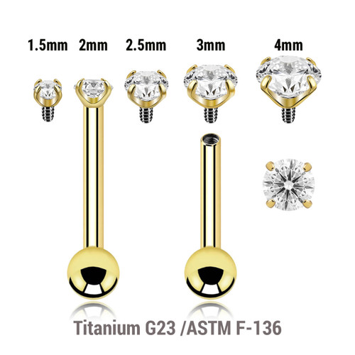 UBA12CZS Pack of 5 Gold PVD plated titanium internally threaded barbells, Thickness 1.2mm, with a top prong set CZ stone and a lower 3mm plain ball