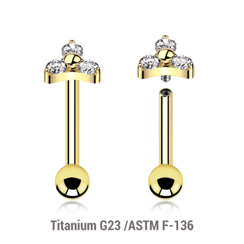 UBA12X07 Pack of 3 Gold PVD plated titanium internally threaded barbells, Thickness 1.2mm, with a trinity top with three 2mm prong set CZ stones and a lower 3mm plain ball UBA12X07 Pack of 3 Gold PVD plated titanium internally threaded barbells, Thickness 1.2mm, with a trinity top with three 2mm prong set CZ stones and a lower 3mm plain ball