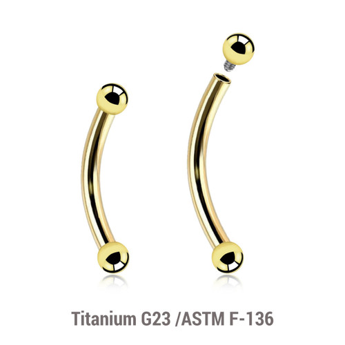 UBN12B2 Pack of 5 PVD plated titanium internally threaded eyebrow bananas, Thickness 1.2mm, Ball size 2mm