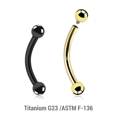 UBN12B25 Pack of 5 PVD plated titanium internally threaded eyebrow bananas, Thickness 1.2mm, Ball size 2.5mm