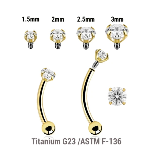 UBA12CZS Pack of 5 Gold PVD plated titanium internally threaded barbells, Thickness 1.2mm, with a top prong set CZ stone and a lower 3mm plain ball