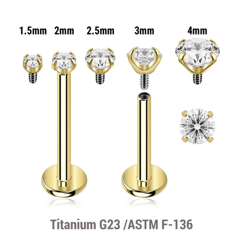 ULB12CZ Pack of 5 Gold PVD plated titanium internally threaded labrets, Thickness 1.2mm, with 2mm prong set CZ stones