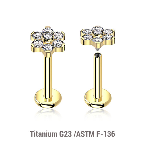 ULB12X01 Pack of 5 Gold PVD plated titanium internally threaded labrets, Thickness 1.2mm, with 5mm flower shaped top with prong set CZ stones (1 central stone + 6 stones around)