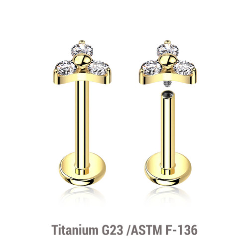 ULB12X07 Pack of 5 Gold PVD plated titanium internally threaded labrets, Thickness 1.2mm, with a trinity top with three 2mm prong set CZ stones