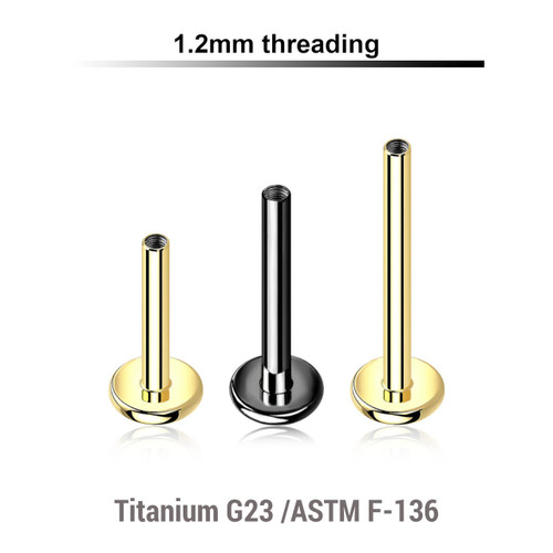 UYLB12N Pack of 5 internally threaded labret posts in PVD plated titanium, thickness 1.2mm UYLB12N Pack of 5 internally threaded labret posts in PVD plated titanium, thickness 1.2mm