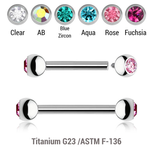 YBA12BJ3 Pack of 5 high polished titanium internally threaded eyebrow barbells, Thickness 1.2mm, with two 3mm bezel set crystal balls