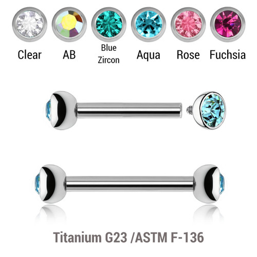 YBA12BJH Pack of 5 high polished titanium internally threaded eyebrow barbells, Thickness 1.2mm, with two half balls with a bezel set crystal YBA12BJH Pack of 5 high polished titanium internally threaded eyebrow barbells, Thickness 1.2mm, with two half balls with a bezel set crystal