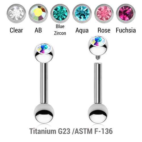 YBA12BJ3S Pack of 5 high polished titanium internally threaded eyebrow barbells, Thickness 1.2mm, with a top 3mm bezel set crystal ball and a lower 3mm plain ball YBA12BJ3S Pack of 5 high polished titanium internally threaded eyebrow barbells, Thickness 1.2mm, with a top 3mm bezel set crystal ball and a lower 3mm plain ball