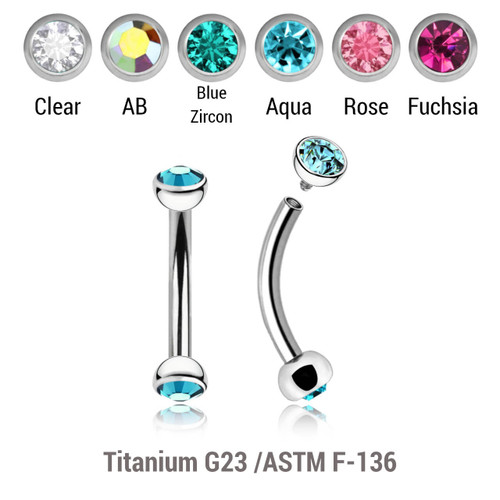 YBN12BJH Pack of 5 high polished titanium internally threaded eyebrow bananas, Thickness 1.2mm, with two 3mm half balls with a bezel set crystal YBN12BJH Pack of 5 high polished titanium internally threaded eyebrow bananas, Thickness 1.2mm, with two 3mm half balls with a bezel set crystal