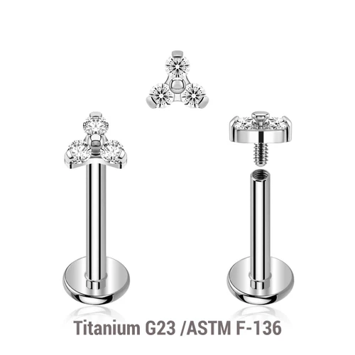 YLB12X09 Pack of 5 high polished titanium internally threaded labrets, Thickness 1.2mm, with a trinity top with three 1.5mm prong set CZ stones