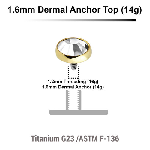 EDT14FJ5 Pack of 10 Gold PVD plated Titanium G23 flat disk dermal anchor tops with bezel set crystal, size 5mm, internal thread size 1.2mm
