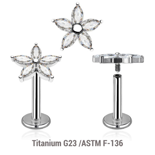 YLB12X11 Pack of 5 high polished titanium internally threaded labrets, Thickness 1.2mm, with a flower top with 5 CZ petals YLB12X11 Pack of 5 high polished titanium internally threaded labrets, Thickness 1.2mm, with a flower top with 5 CZ petals