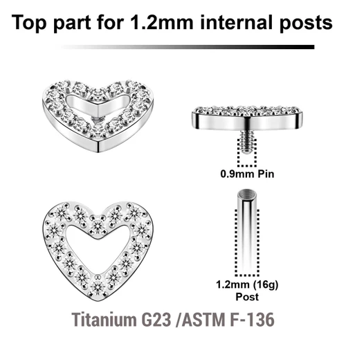 YTP12X12 Pack of 5 Titanium Internally threaded labret tops with heart shaped top, Thread size 0.9mm