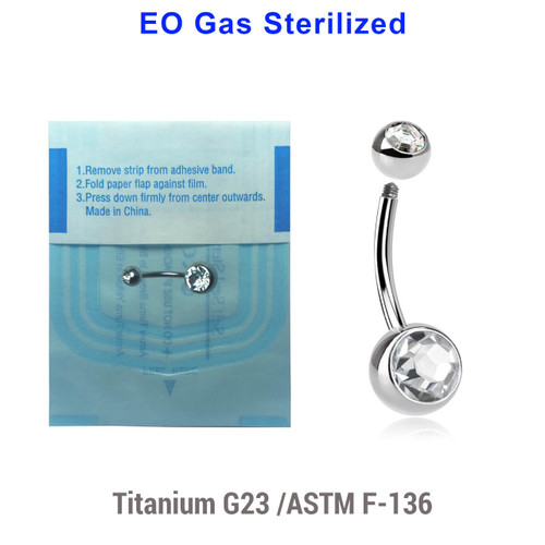 WBN16BJ58 Sterilized body piercing pack of 10 titanium G23 belly bananas, Thickness 1.6mm, with 5 mm + 8 mm bezel set crystal balls WBN16BJ58 Sterilized body piercing pack of 10 titanium G23 belly bananas, Thickness 1.6mm, with 5 mm + 8 mm bezel set crystal balls