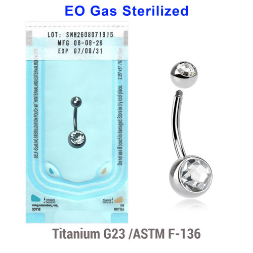 WBN16BJ58 Sterilized body piercing pack of 10 titanium G23 belly bananas, Thickness 1.6mm, with 5 mm + 8 mm bezel set crystal balls