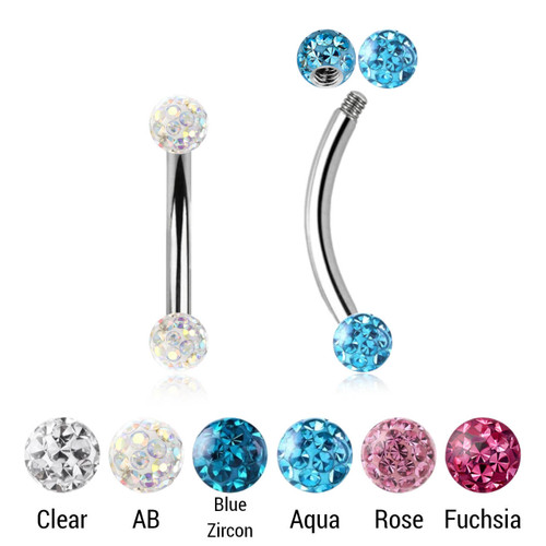 SBN12BF3 Pack of 5 surgical steel eyebrow bananas, Thickness 1.2mm, with 3mm multi-crystal balls with epoxy resin cover SBN12BF3 Pack of 5 surgical steel eyebrow bananas, Thickness 1.2mm, with 3mm multi-crystal balls with epoxy resin cover