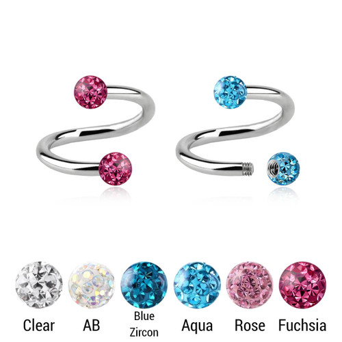 SSP12BF3 Pack of 5 surgical steel spiral, thickness 1.2mm, with 3mm multi-crystal balls with epoxy resin cover