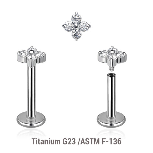YLB12X10 Pack of 5 high polished titanium internally threaded labrets, Thickness 1.2mm, with quadruple 1.5mm prong set CZ top YLB12X10 Pack of 5 high polished titanium internally threaded labrets, Thickness 1.2mm, with quadruple 1.5mm prong set CZ top