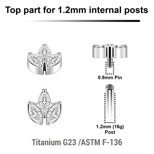 YTP12X15 Pack of 5 Titanium Internally threaded labret tops with leaf shaped top with 3 marquis cut prong set CZ stones, Thread size 0.9mm
